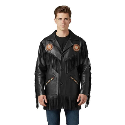 Man wearing a black leather jacket with fringes and decorative elements - Native Leather Shop