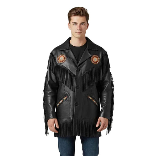 Man wearing a black leather jacket with fringes and decorative elements - Native Leather Shop