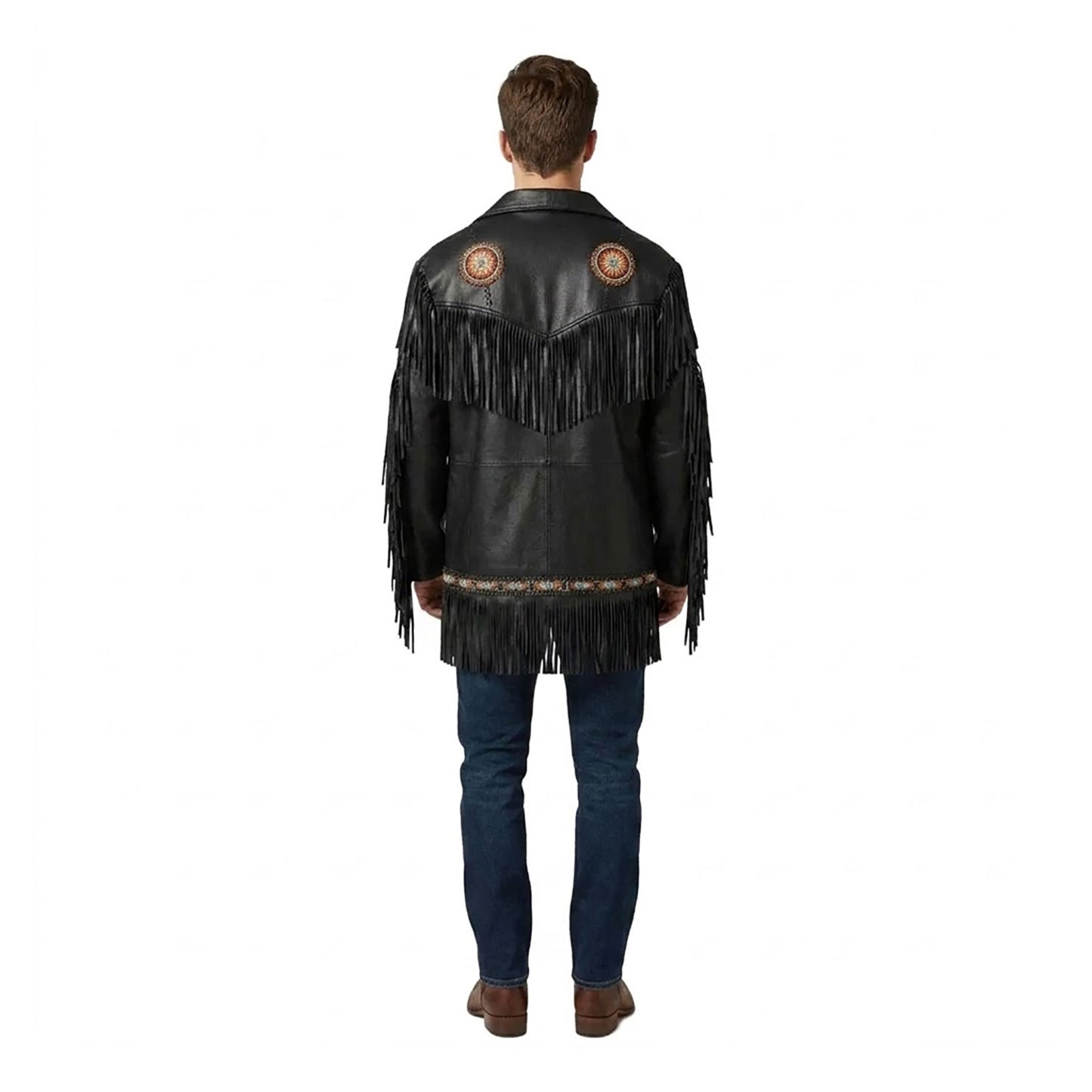 Black Fringe Leather Jacket With Beads Cowboy Jacket For Mens NLS-290