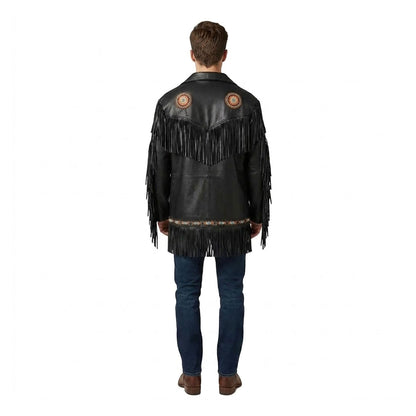 Black Fringe Leather Jacket With Beads Cowboy Jacket For Mens NLS-290