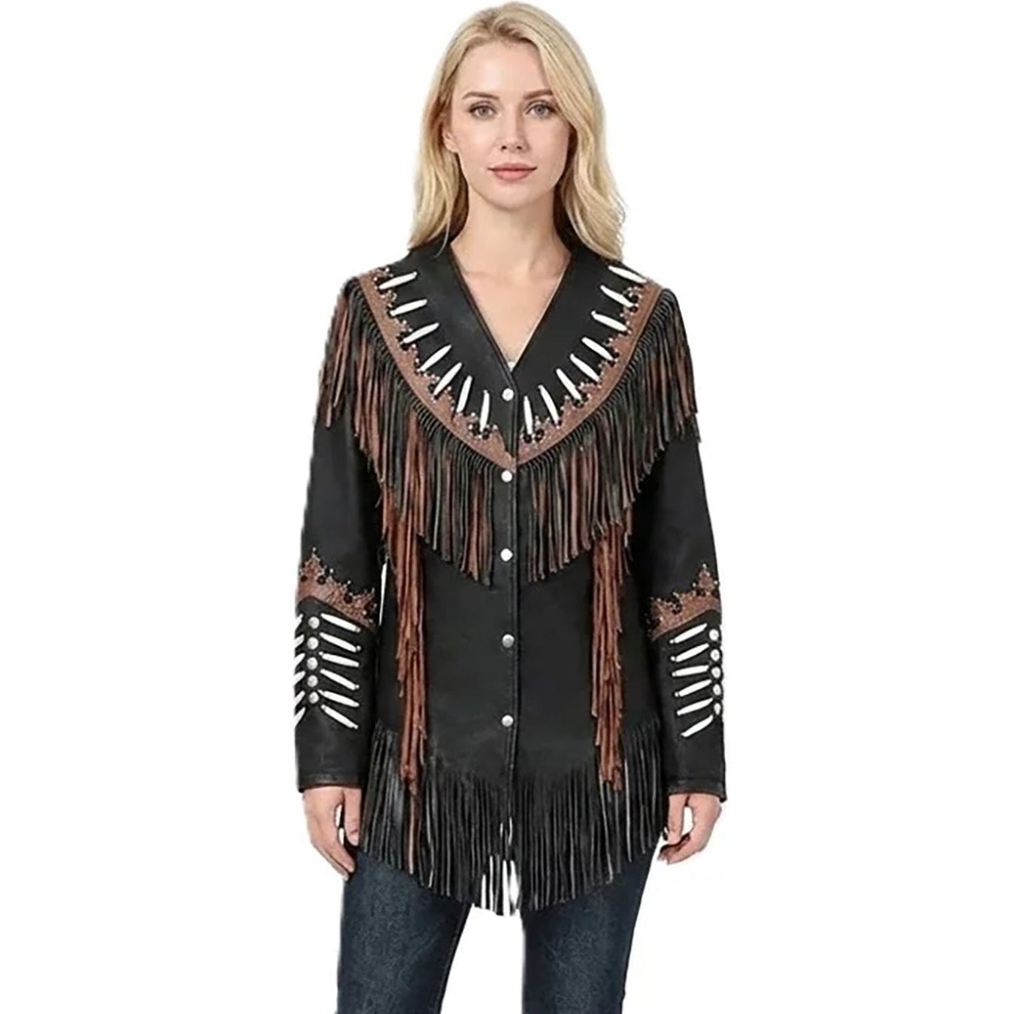 Black Suede Fringe Bones Jacket For Woman NLS-289