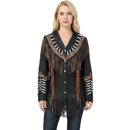 Black Suede Fringe Bones Jacket For Woman NLS-289