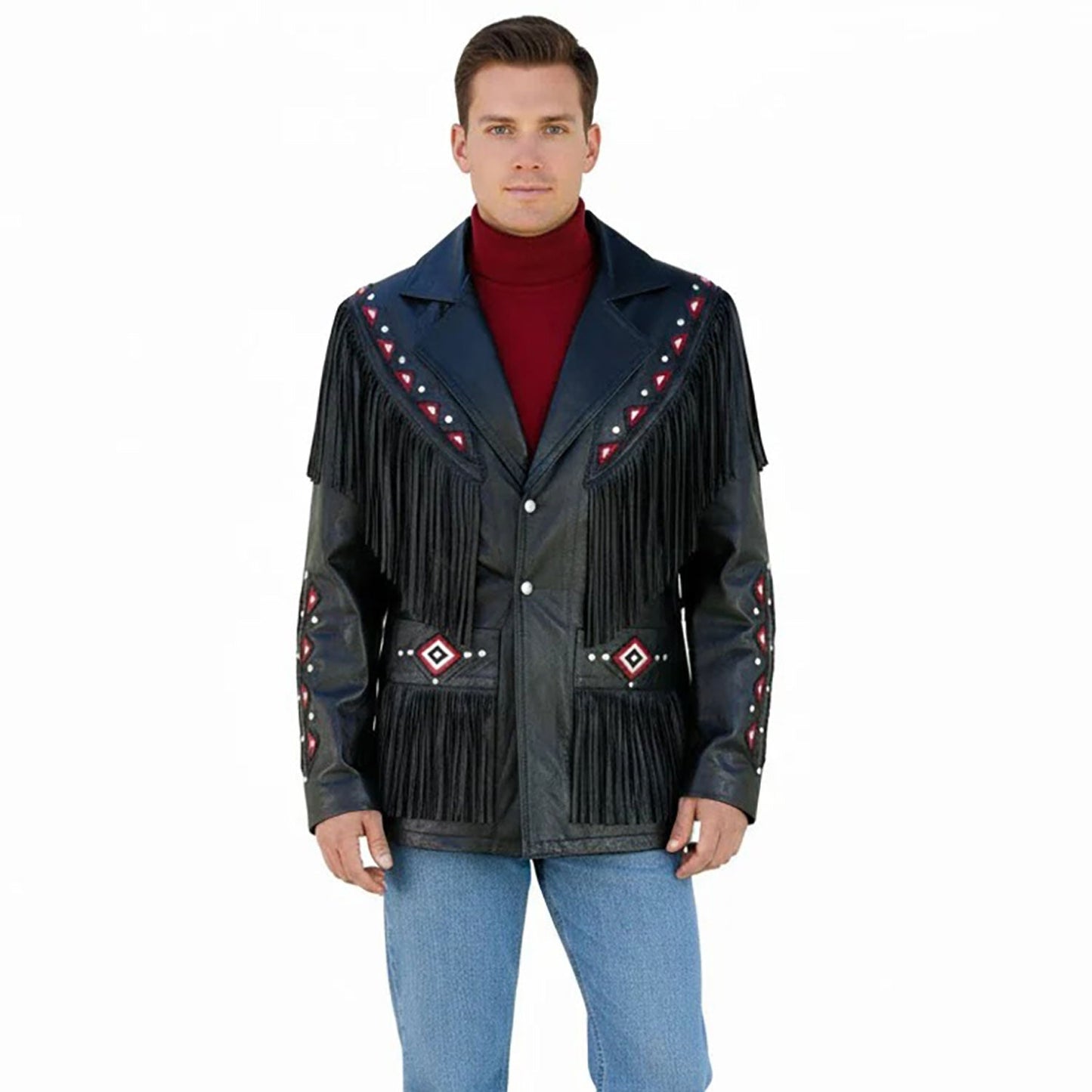 Man wearing a black leather jacket with fringes and bead decorations - Native Leather Shop