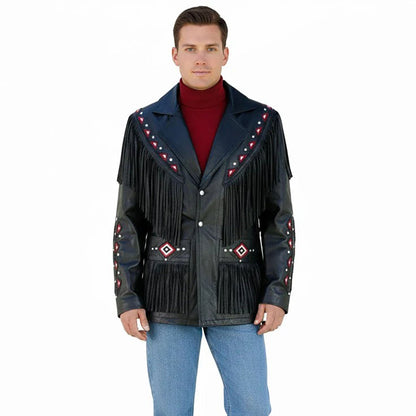 Man wearing a black leather jacket with fringes and bead decorations - Native Leather Shop