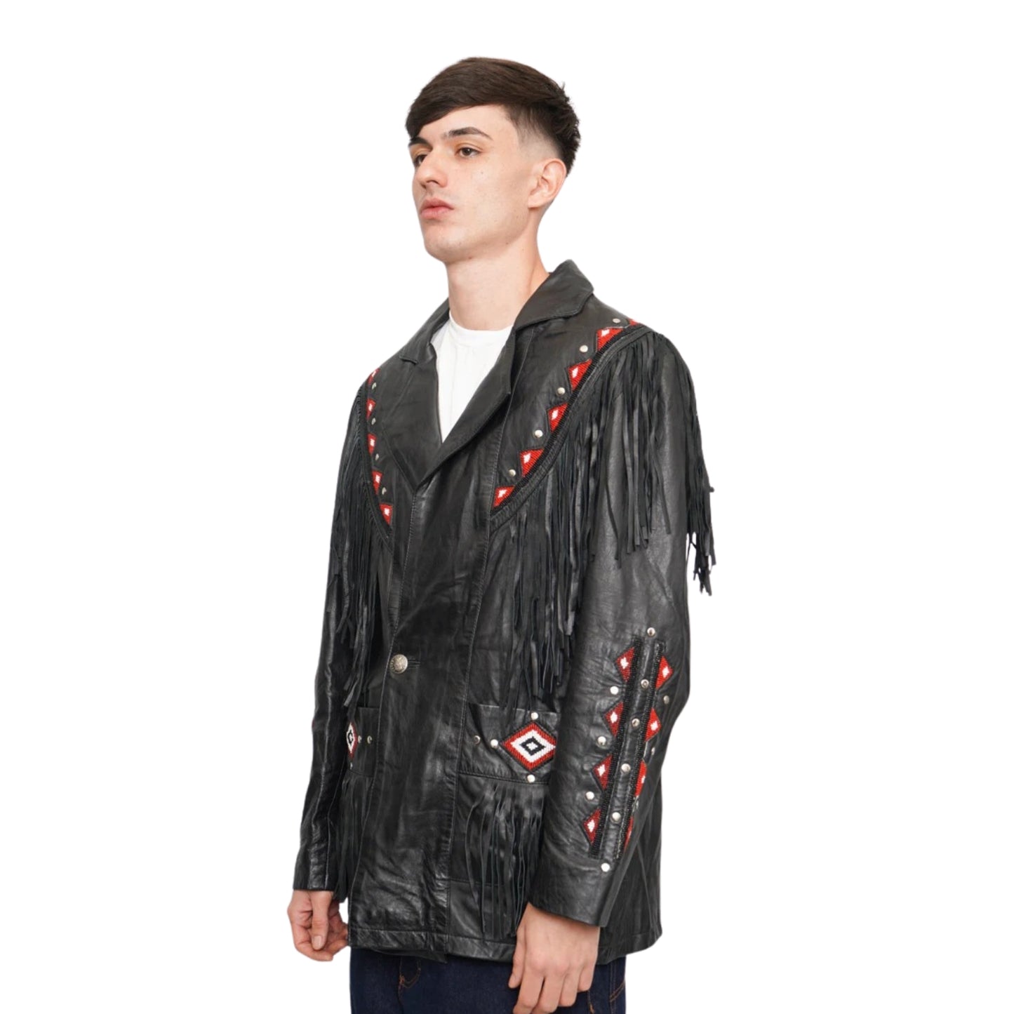 Black Western Fringe Beaded Leather Jacket Cowboy Jacket NLS-272