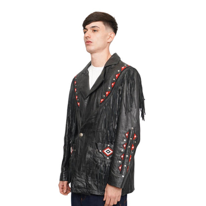 Black Western Fringe Beaded Leather Jacket Cowboy Jacket NLS-272