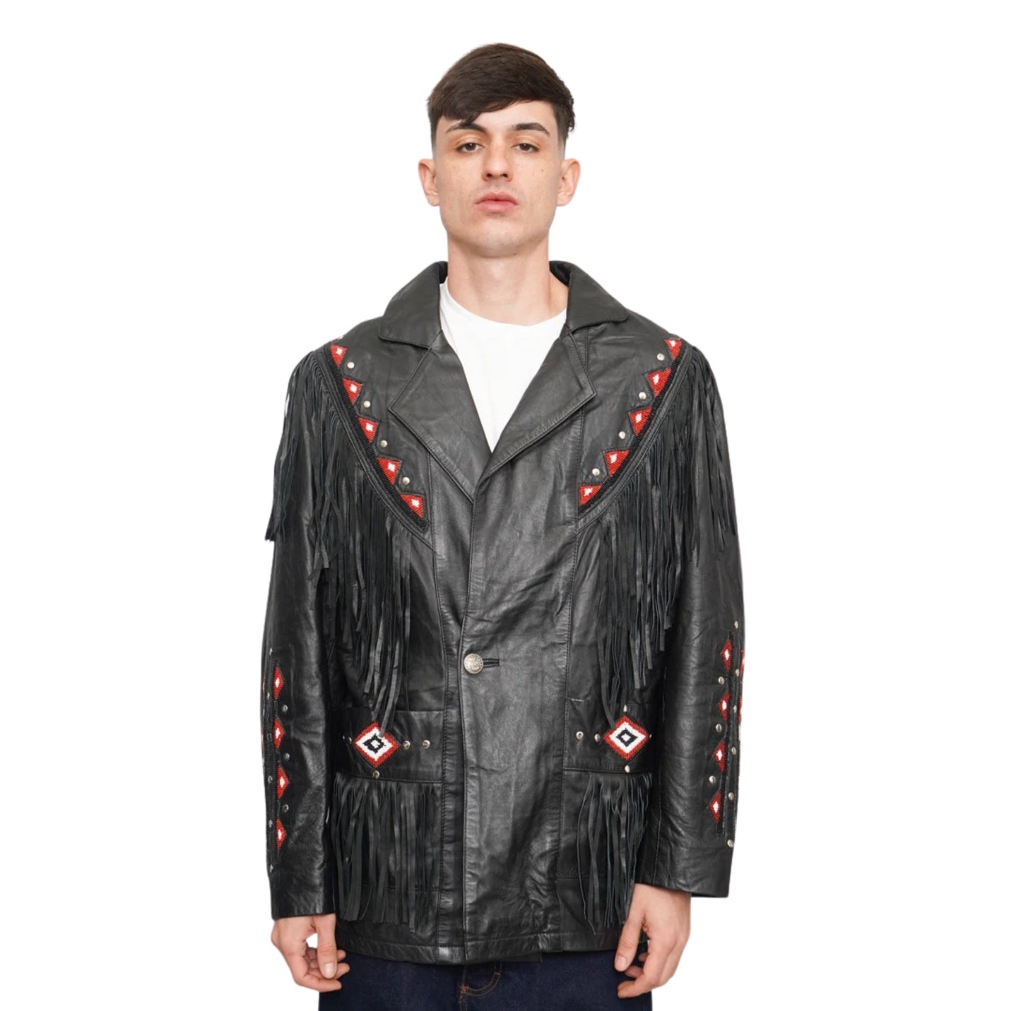 Black Western Fringe Beaded Leather Jacket Cowboy Jacket NLS-272