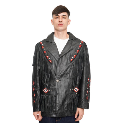 Black Western Fringe Beaded Leather Jacket Cowboy Jacket NLS-272