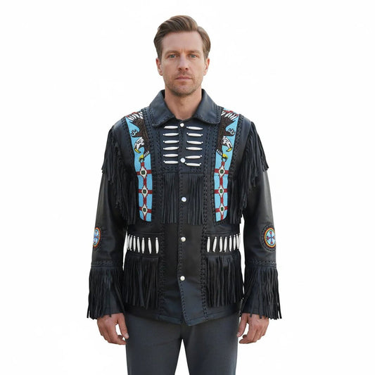 Man wearing a black fringed jacket with colorful patterns - Native Leather Shop