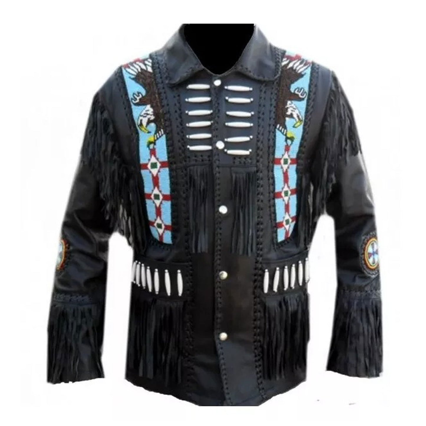 Black Western Fringe Beaded Leather Jacket Cowboy Jacket NLS-273
