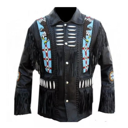 Black Western Fringe Beaded Leather Jacket Cowboy Jacket NLS-273