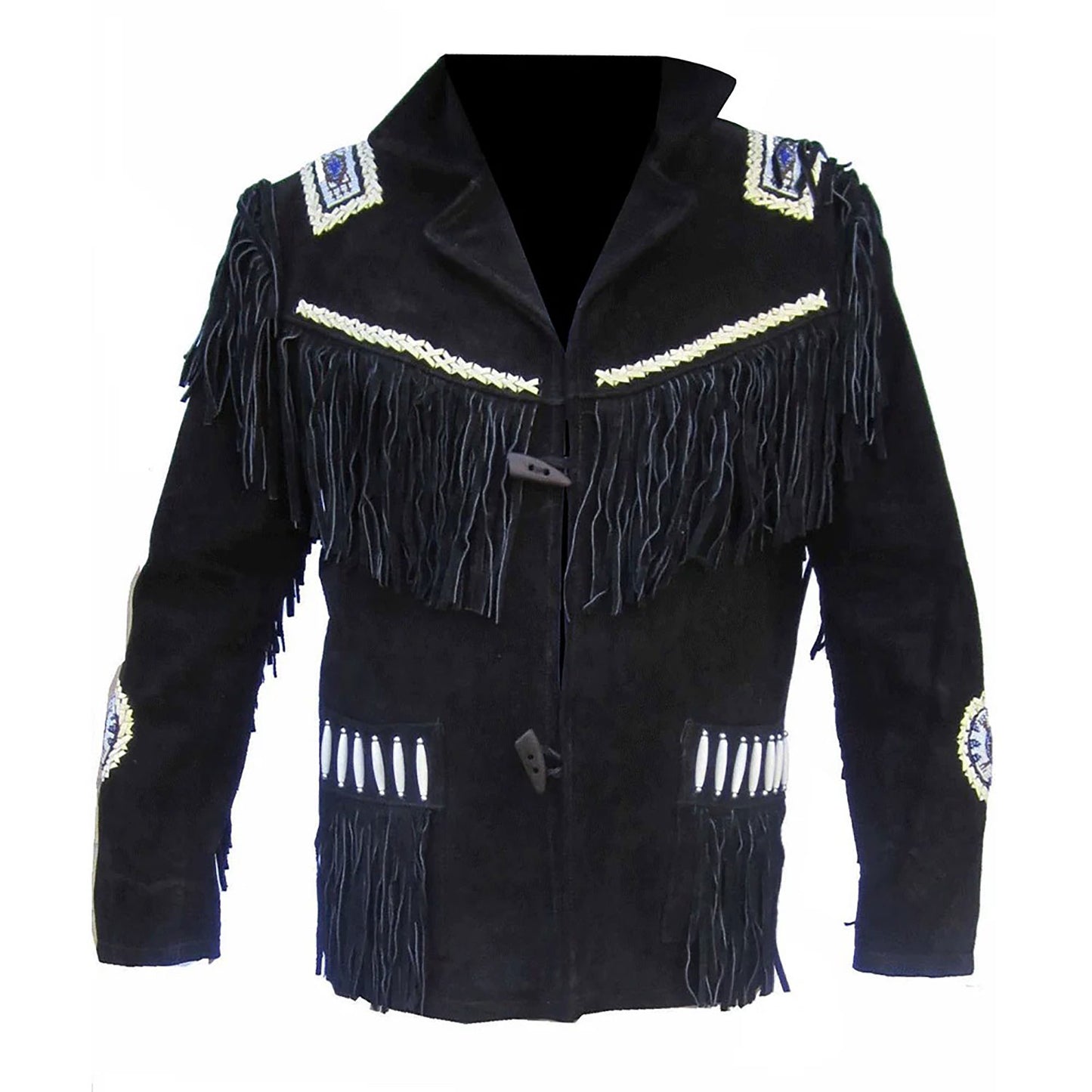 Black Western Fringe Beaded Suede Leather Cowboy Jacket NLS-261