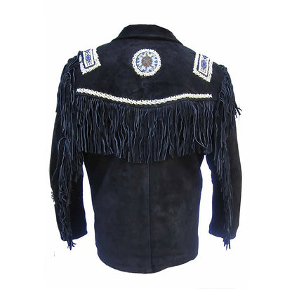 Black Western Fringe Beaded Suede Leather Cowboy Jacket NLS-261