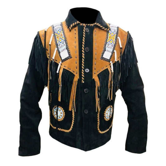 Traditional Native American style jacket with black and gold colors - Native Leather Shop