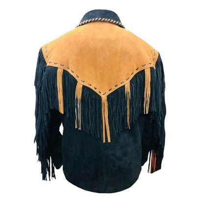 Black Western Fringe Beaded Suede Leather Cowboy Jacket NLS-262