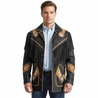 Man wearing a black leather jacket with gold fringe and patterns - Native Leather Shop