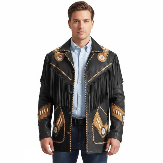 Man wearing a black leather jacket with gold fringe and patterns - Native Leather Shop