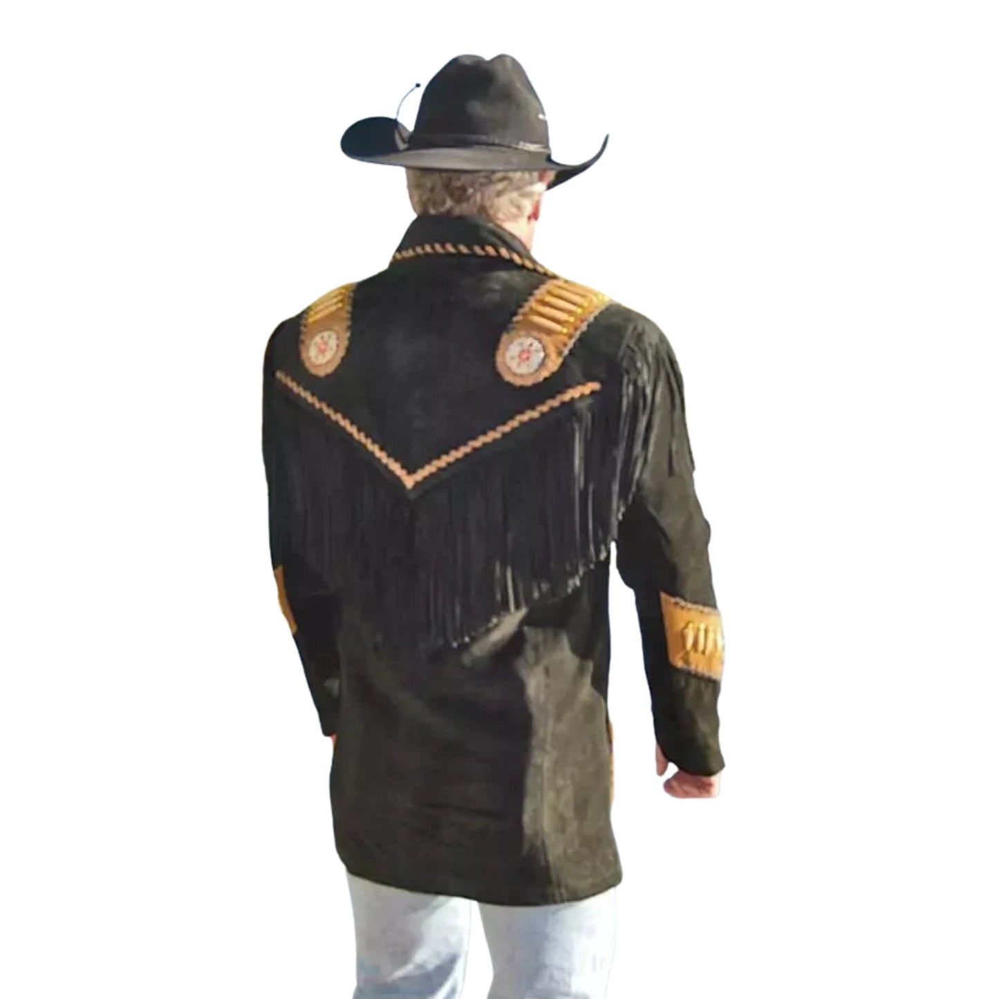 Black Western Fringe Beaded Suede Leather Cowboy Jacket NLS-266