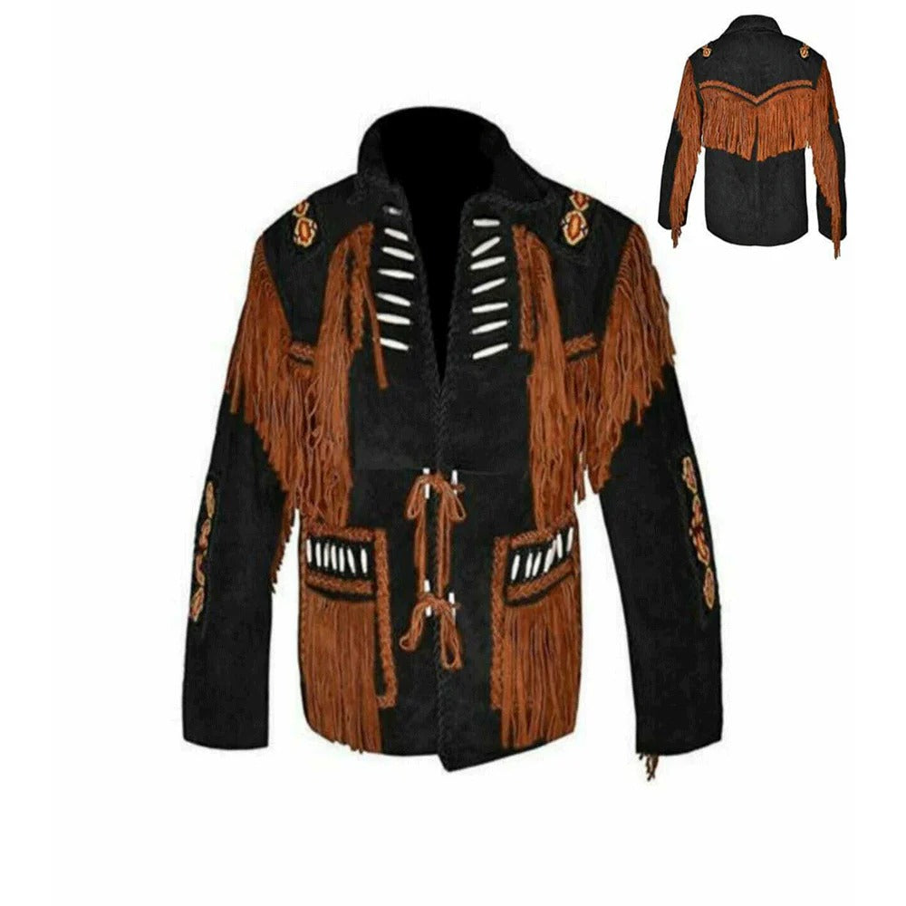 Black Western Fringe Beaded Suede Leather Jacket Cowboy Jacket NLS-269