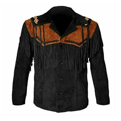 Black Western Fringe Beaded Suede Leather Jacket Cowboy Jacket NLS-271