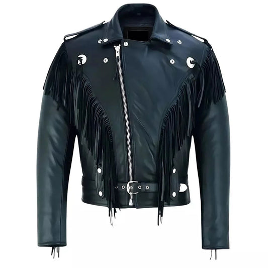 Black Western Fringe Biker Leather Cowboy Jacket NLS-257
