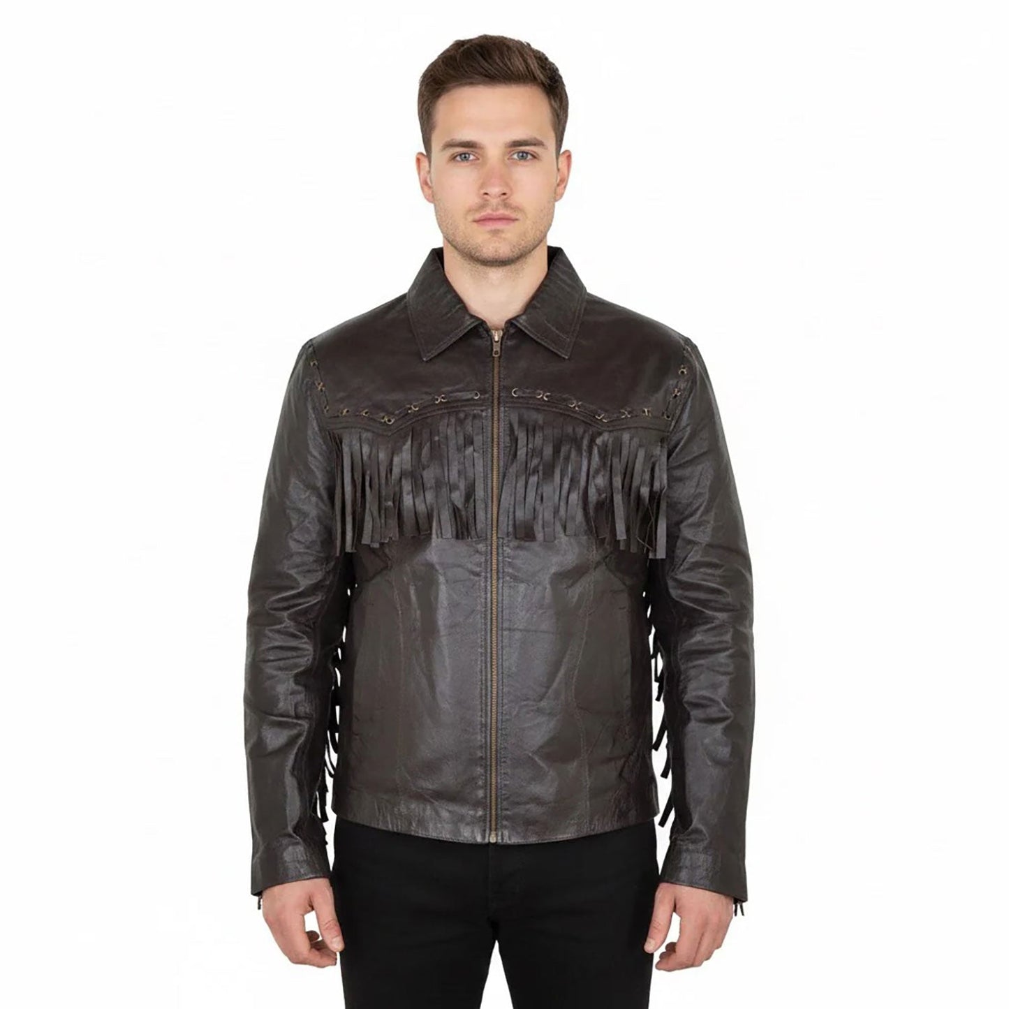 Black Western Fringe Biker Leather Cowboy Jacket NLS-258