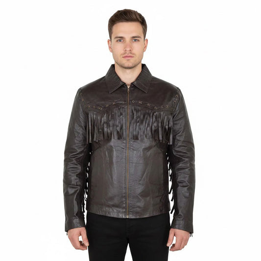 Black Western Fringe Biker Leather Cowboy Jacket NLS-258