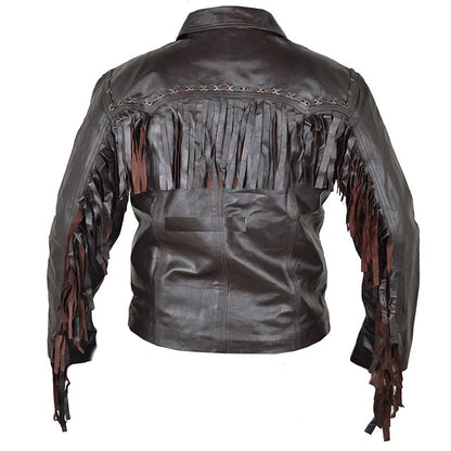 Black Western Fringe Biker Leather Cowboy Jacket NLS-258