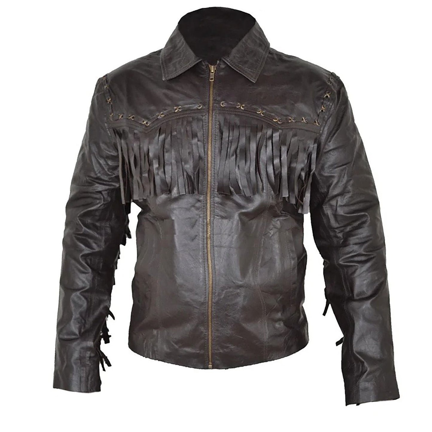 Black Western Fringe Biker Leather Cowboy Jacket NLS-258