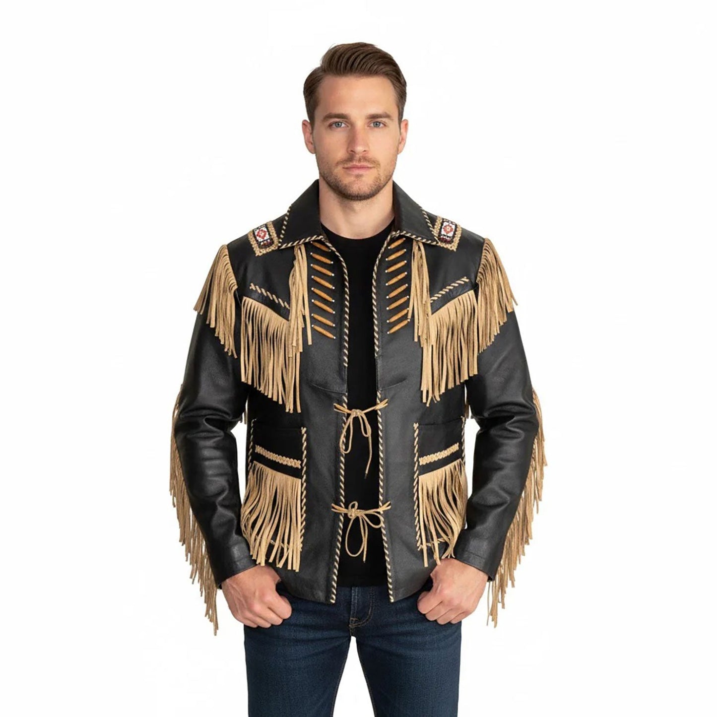Man wearing a black leather jacket with gold fringes - Native Leather Shop