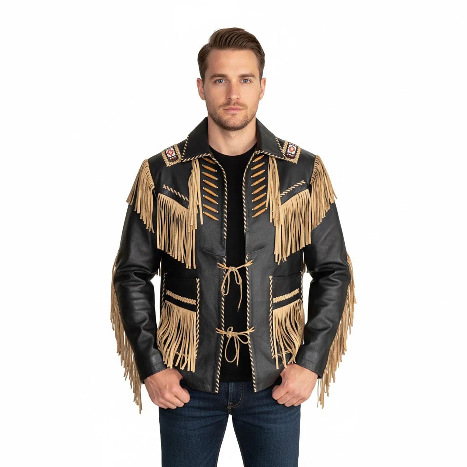 Man wearing a black leather jacket with gold fringes - Native Leather Shop