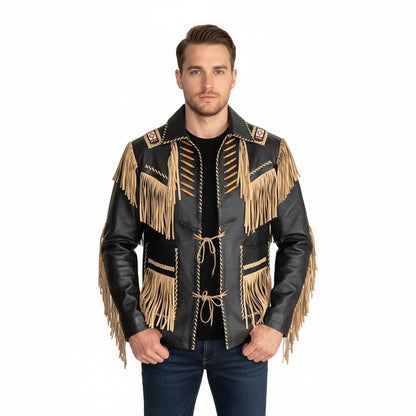Man wearing a black leather jacket with gold fringes - Native Leather Shop