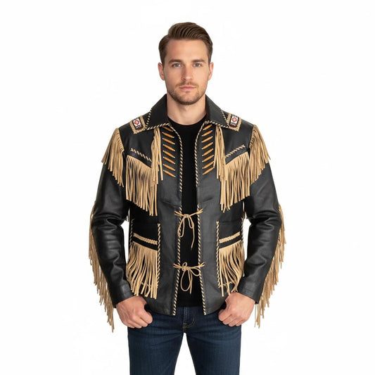 Man wearing a black leather jacket with gold fringes - Native Leather Shop