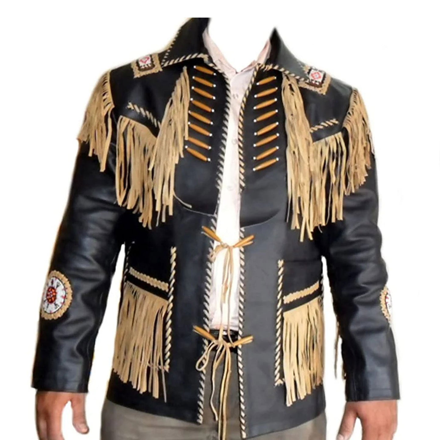 Black Western Fringe Bone Beaded Leather Cowboy Jacket NLS-256