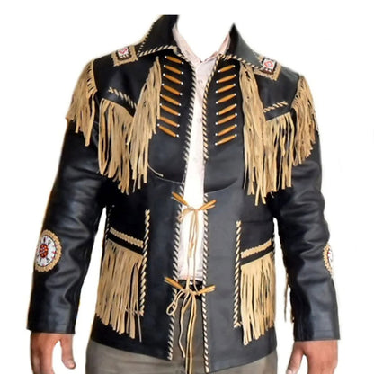 Black Western Fringe Bone Beaded Leather Cowboy Jacket NLS-256