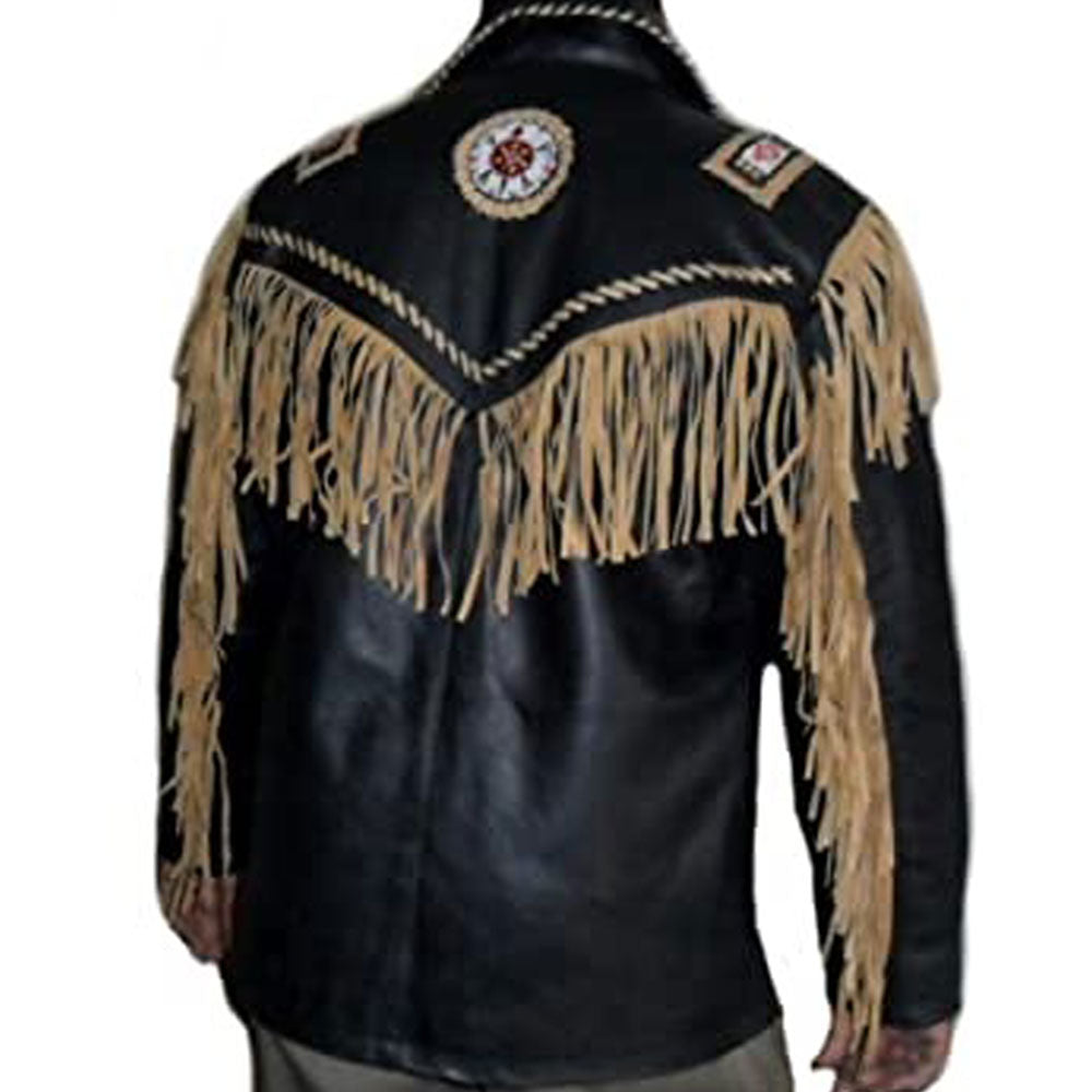 Black Western Fringe Bone Beaded Leather Cowboy Jacket NLS-256