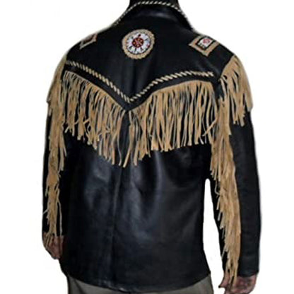 Black Western Fringe Bone Beaded Leather Cowboy Jacket NLS-256