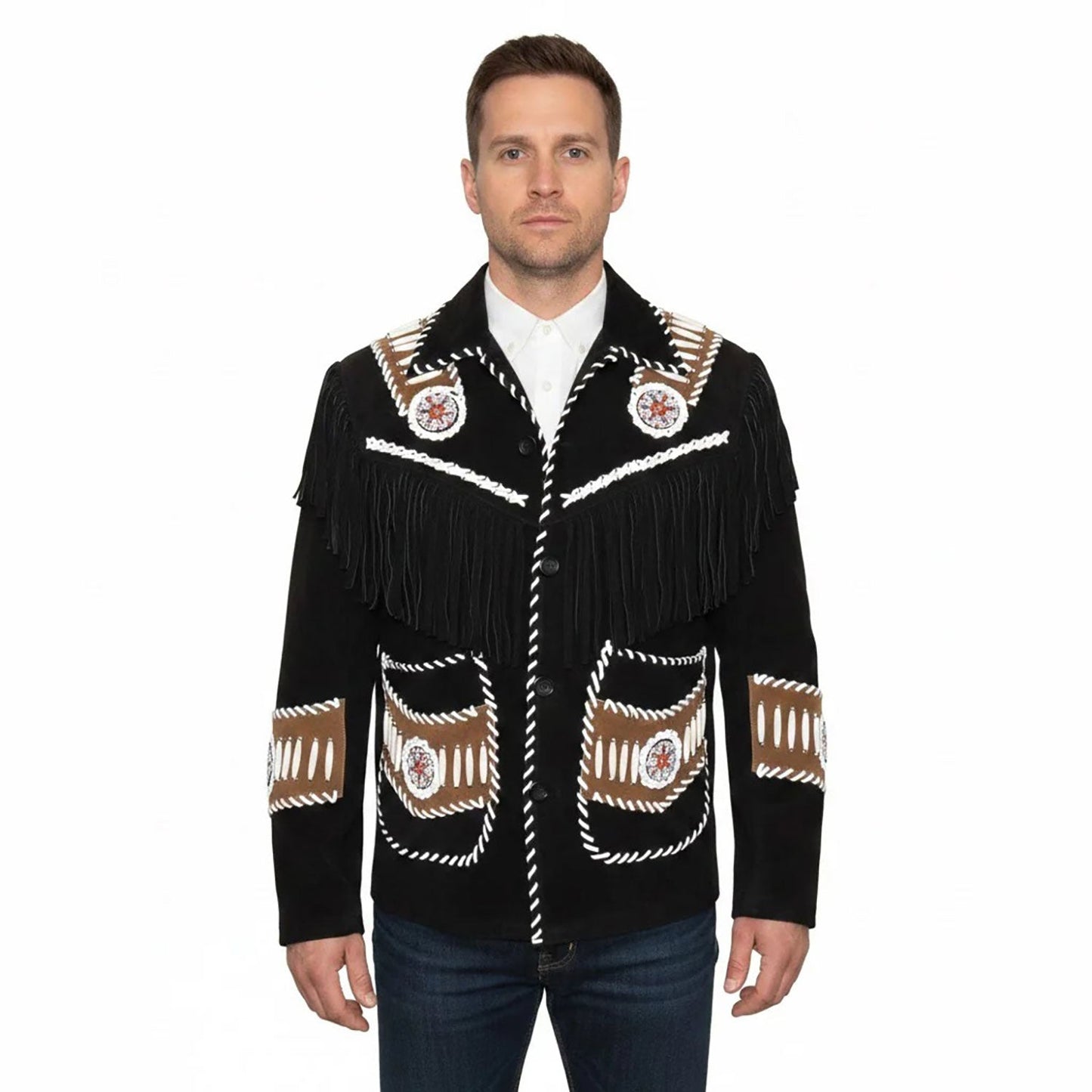 Man wearing a black fringed jacket with decorative patterns - Native Leather Shop