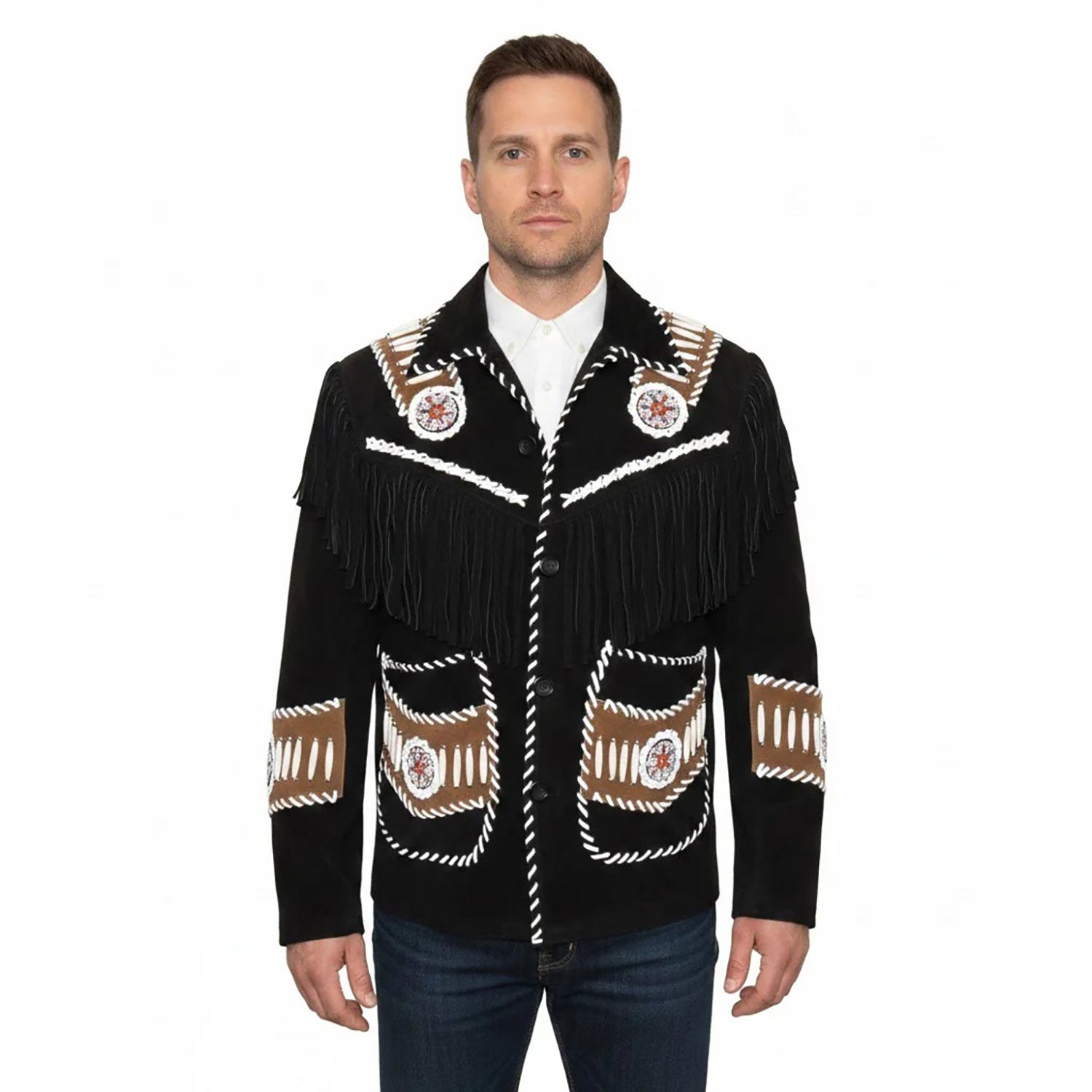 Man wearing a black fringed jacket with decorative patterns - Native Leather Shop