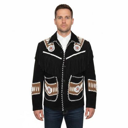 Man wearing a black fringed jacket with decorative patterns - Native Leather Shop