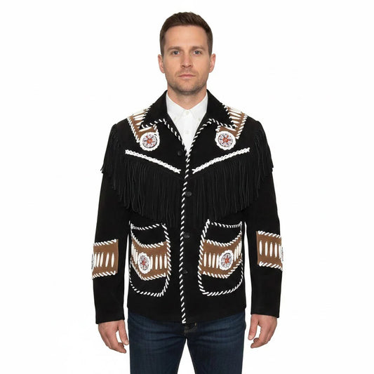 Man wearing a black fringed jacket with decorative patterns - Native Leather Shop