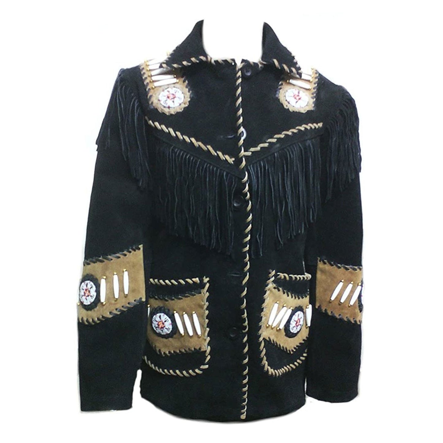 Black Western Fringe Bone Beaded Suede Leather Jacket NLS-255