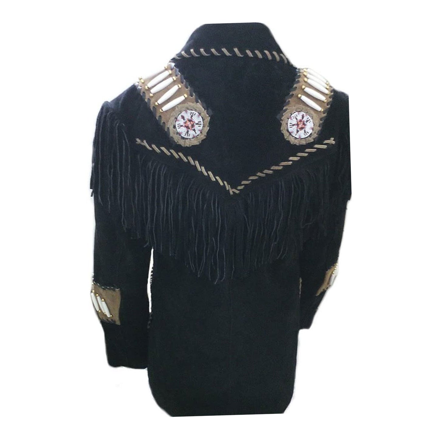 Black Western Fringe Bone Beaded Suede Leather Jacket NLS-255