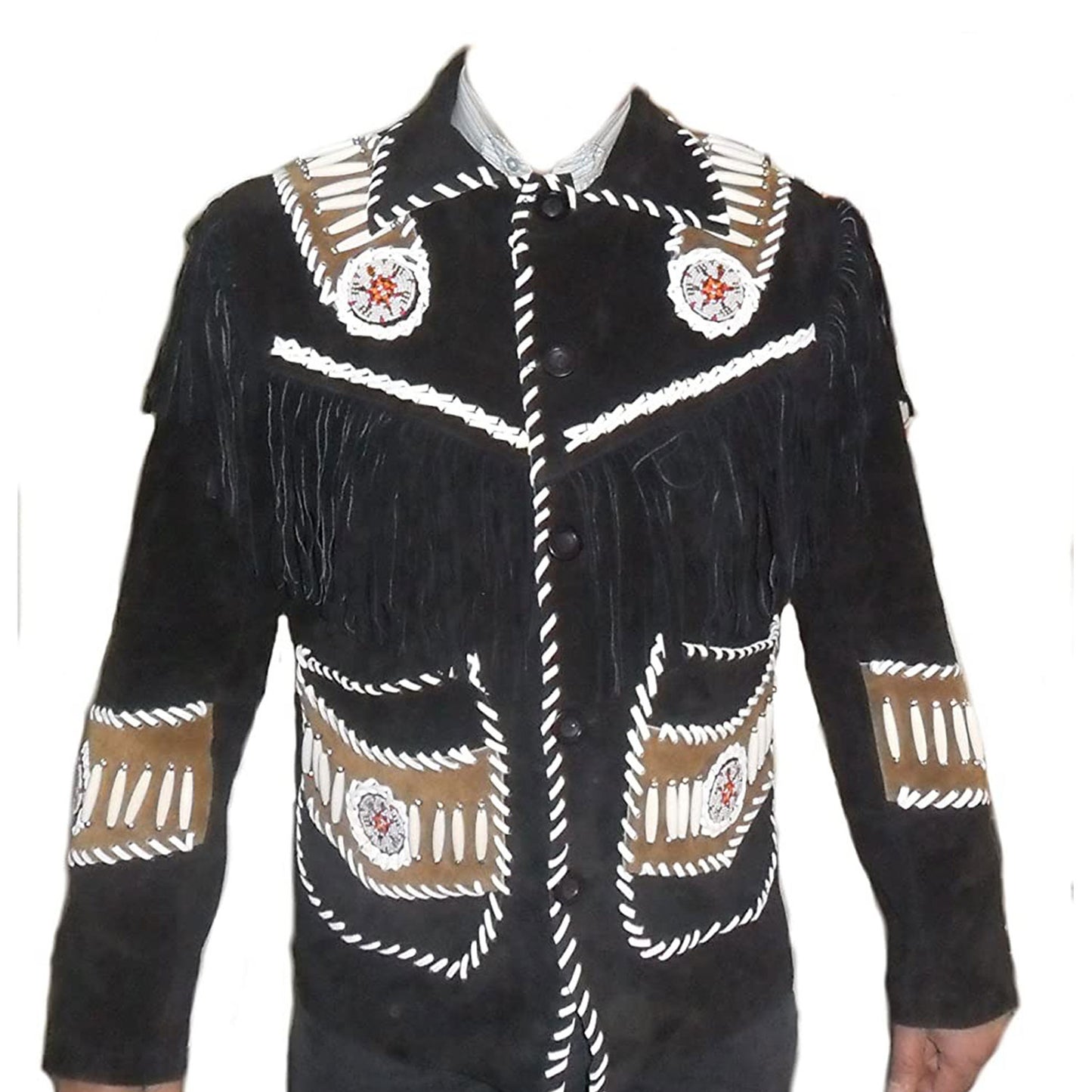 Black Western Fringe Bone Beaded Suede Leather Jacket NLS-255