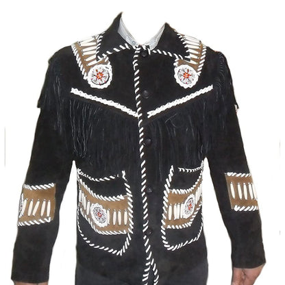 Black Western Fringe Bone Beaded Suede Leather Jacket NLS-255