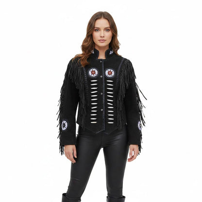 Black Western Fringe Leather Jacket for Women Cowgirl Style NLS-073