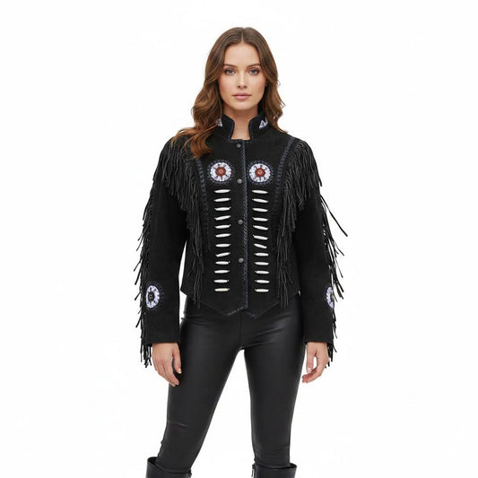 Black Western Fringe Leather Jacket for Women Cowgirl Style NLS-073