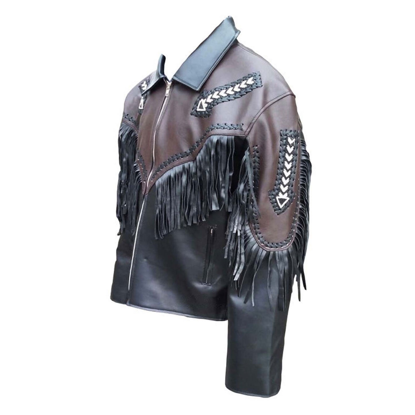 Black Western Leather Fringe Arrow Beaded Cowboy Jacket NLS-249