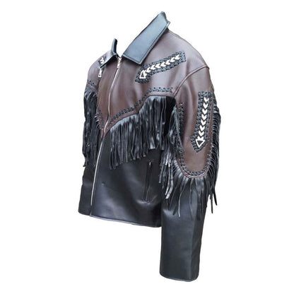 Black Western Leather Fringe Arrow Beaded Cowboy Jacket NLS-249