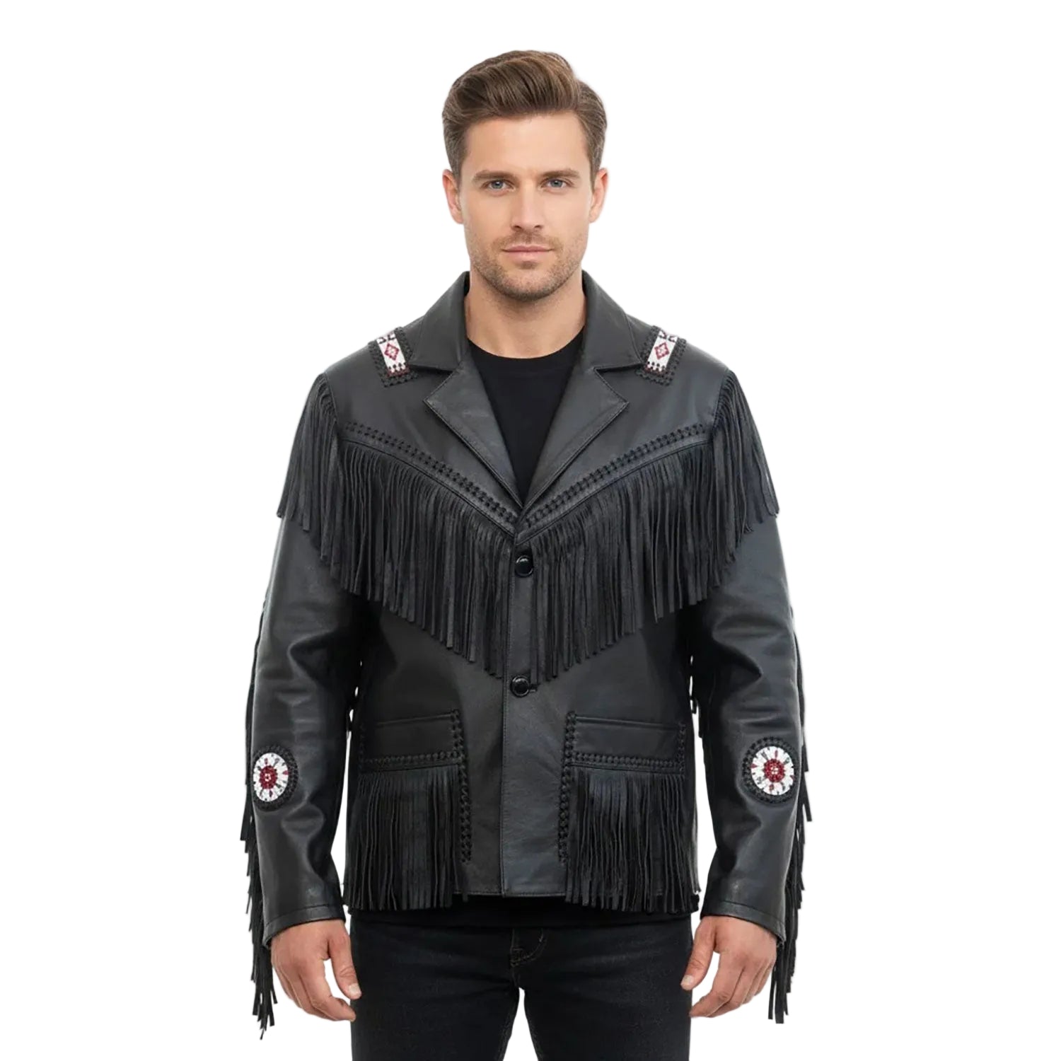 Man wearing a black leather jacket with fringes and patches - Native Leather Shop